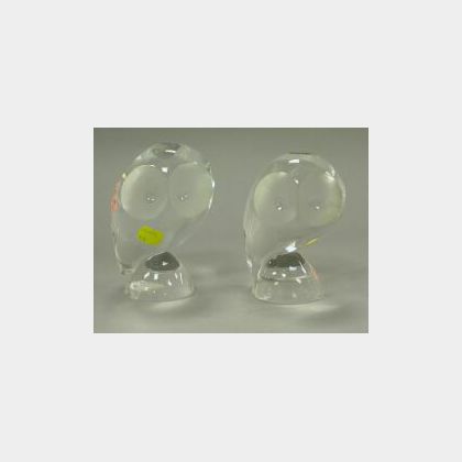 Pair of Steuben Colorless Glass Owls. 