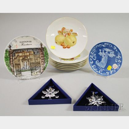 Six German Porcelain Fruit Collectors Plates, a Collectors Plate, Two Swarovski Christmas Ornaments, and a Royal Copenhagen Porcelain 