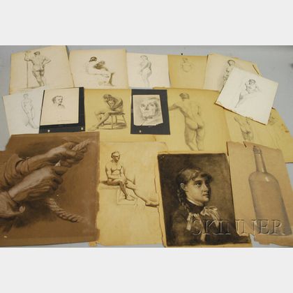 American School, 19th Century Lot of Sixteen Unframed Works on Paper, Mostly Academic Studies.
