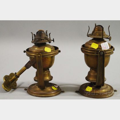 Pair of Ship's Brass Kerosene Gimbal Wall Lamps