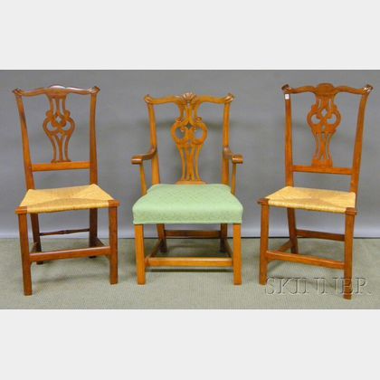 Country Chippendale Carved and Upholstered Maple Armchair and a Pair of Maple Side Chairs with Woven Rush Seats. 