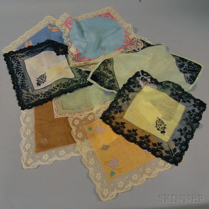 Nine Cotton and Val Lace Handkerchiefs