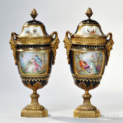 Pair of Gilt-bronze-mounted Sevres Porcelain Vases and Covers