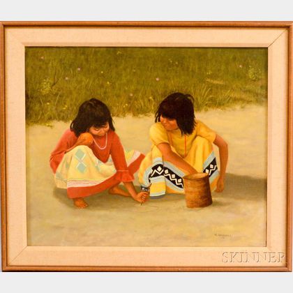 American School, 20th Century Two Native American Children Playing in the Sand