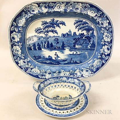 Blue and White Transfer-decorated Ceramic Basket, Undertray, and Platter