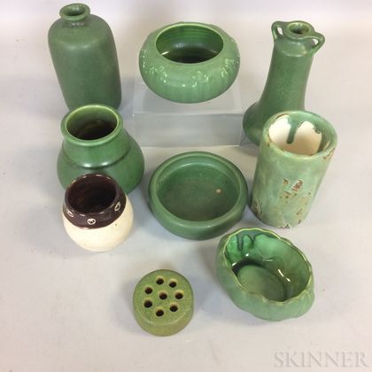 Nine Hampshire Pottery Mostly Matte Green-glazed Items