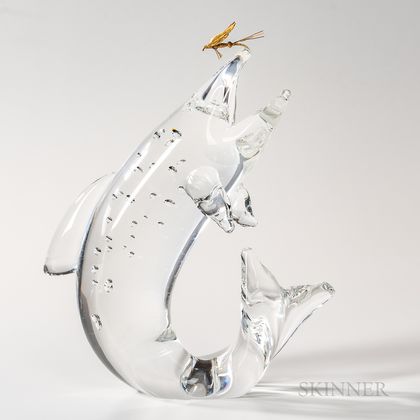 Steuben 18kt Gold, and Glass "Trout with Fly" Sculpture