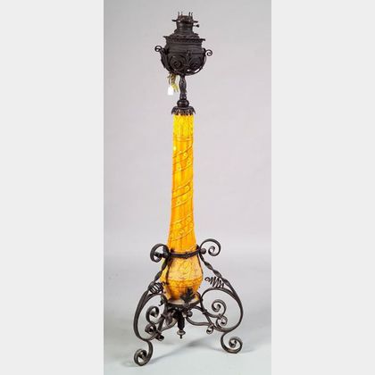 Renaissance Revival Faience and Wrought Iron Floor Oil Lamp