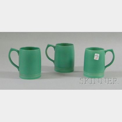Three Wedgwood Keith Murray Designed Green Glazed Ceramic Mugs