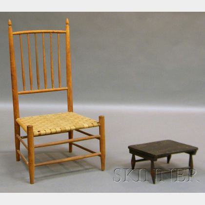 Shaker Production Wooden Footstool and a Shaker-type Rod-back Low Chair