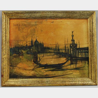 Framed Photomechanical Print on Canvas of a Gondola in Venice Harbor