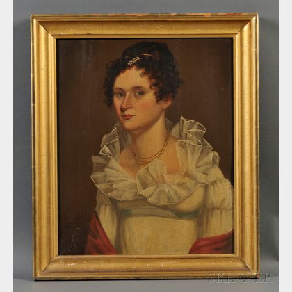 American School, 19th Century Portrait of a Young Woman Wearing a White Gown with a Red Shawl.