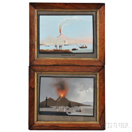 Neapolitan School, 19th/20th Century, Pair of Vesuvius Views Showing the Eruption of 1846 in Daylight and Moonlight: Cenere del 1846 an