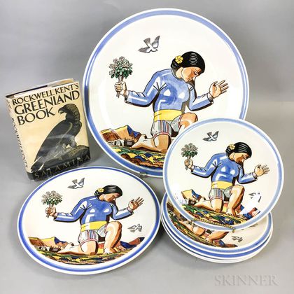 Seven Vernon Kilns Salamina Porcelain Plates and a Copy of Rockwell Kent's Salamina 