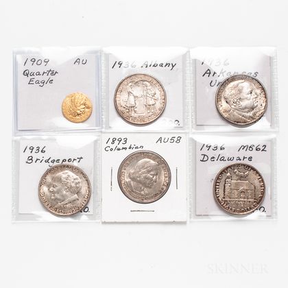 Five Commemorative Half Dollars and a 1909 $2.50 Indian Head Gold Coin