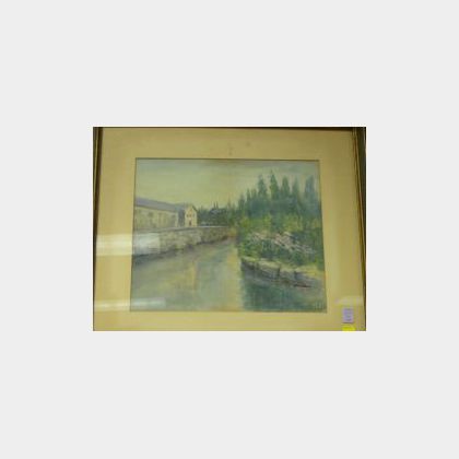 Framed Watercolor View of a Village by a Canal