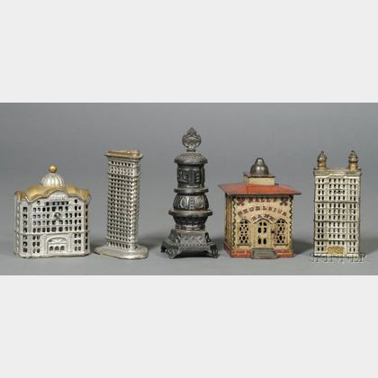 Four Cast Iron Architectural Banks and Franklin Stove Bank