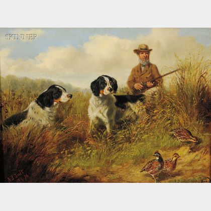 Arthur Fitzwilliam Tait (American, 1819-1905) Hunters with Spaniels and Quail/ A View of Long Lake, Hamilton, New York