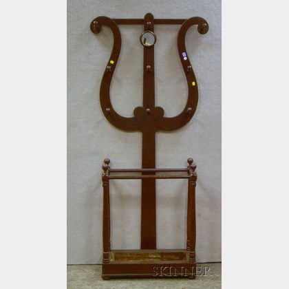 Victorian Gothic Revival Brown-stained Walnut Lyre-back Mirrored Hall Tree