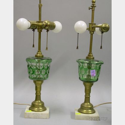 Pair of Green-Cut-to-Clear Glass and Brass Table Lamps with Marble Bases. 