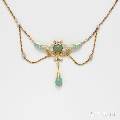 Art Nouveau 14kt Gold and Enamel Lavaliere-style Pendant Necklace