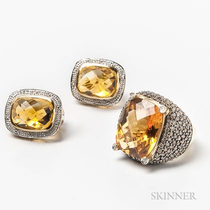 14kt Gold, Citrine, and Diamond Ring and a Pair of Earrings