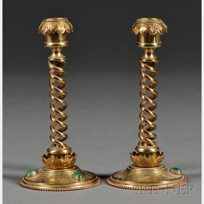 Pair of Gothic Revival Brass and Stone-mounted Candlesticks