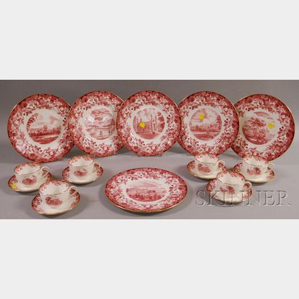 Set of Six Wedgwood Gilt, Red, and White Harvard University Porcelain Dinner Plates with Six Cups and Saucers. 