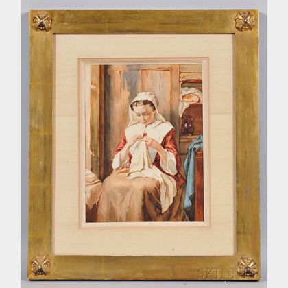 Continental School, 19th Century Young Peasant Woman at her Needlework
