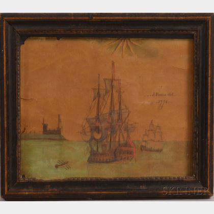 Framed Jeremias Peele (Canadian, 1702-1796) Pen, Ink, and Watercolor Maritime Scene