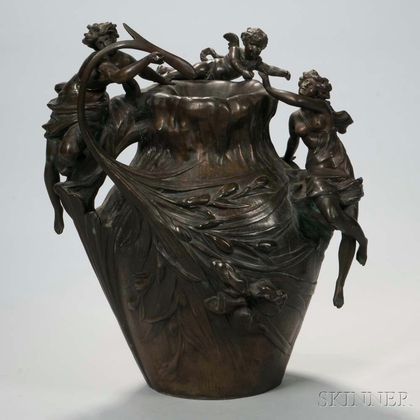 Luca Madrassi (French, 1848-1919) Bronzed White Metal Vase Femme, Amour et Fleurs