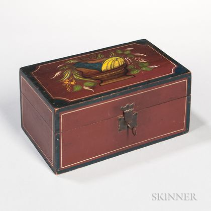 Red-brown and Polychrome Decorated Pine Lift-top Box
