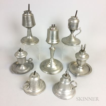 Seven Pewter Whale Oil Lamps