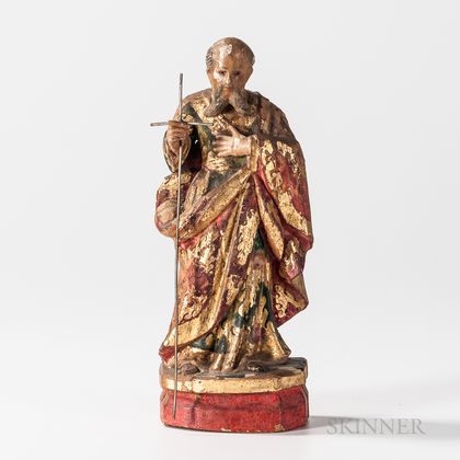 Polychrome and Gilded Carved Wood Figure of Saint