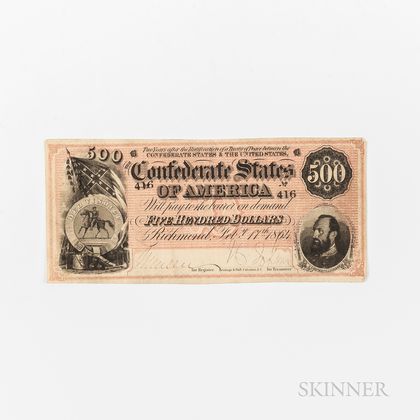 1864 Confederate $500 Note, T-64