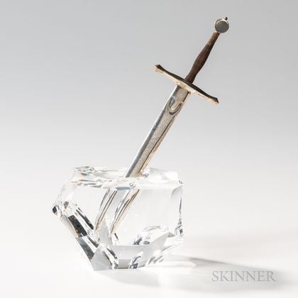 Steuben Sterling Silver, 18K Gold, and Glass "Excalibur" Letter Opener and Stand