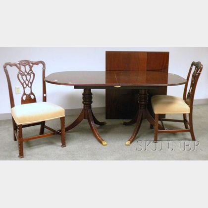 Georgian-style Mahogany and Mahogany Veneer Double-pedestal Dining Table with Four Upholstered Carved Mahogany Side Chairs