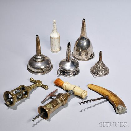 Eight Wine-related Objects, 19th century, including two sterling silver funnels, two silver plated funnels, a brass corkscrew, a steel,