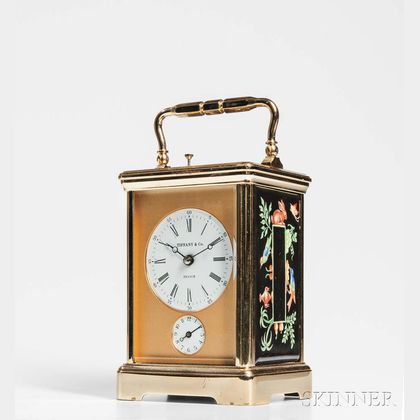 Tiffany & Co. Gilt and Porcelain Panel Hour-repeating Carriage Clock
