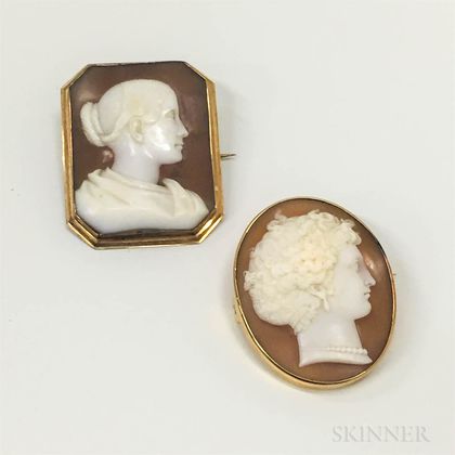 Two 14kt Gold Shell Cameo Brooches