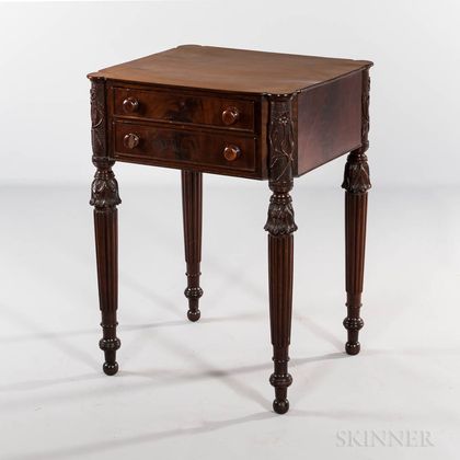 Late Federal Carved Mahogany and Mahogany Veneer Two-drawer Worktable