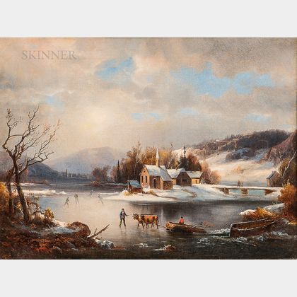 American School, 19th Century Winter View with Figures and Oxen on the Ice