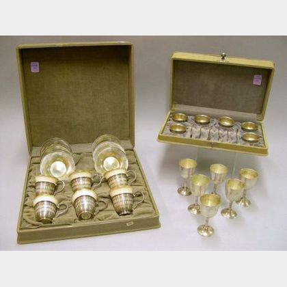 Cased Set of Six Watson Sterling Silver Demitasse Frames and Saucers with Lenox Line Liners, a Cased Set of Six Salts with Spoons, and 