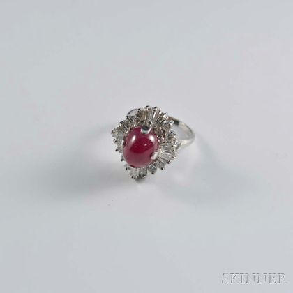 14kt White Gold, Diamond, and Red Cabochon Ring