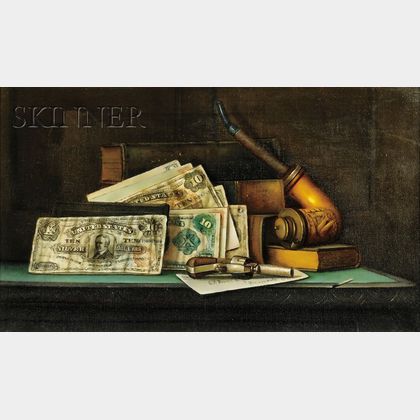Charles Alfred Meurer (American, 1865-1955) Trompe l'Oeil Still Life with Currency, Pipe, and Pistol