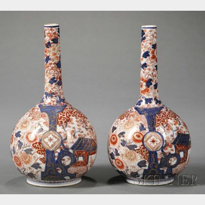 Pair of Japanese Imari Porcelain Bottle-form Vases