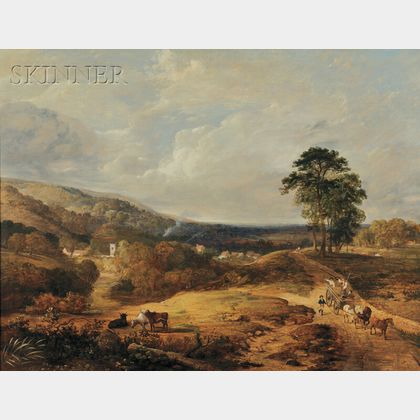 British School, 19th Century An Extensive Wooded Landscape with Haymakers in a Horse-Drawn Cart