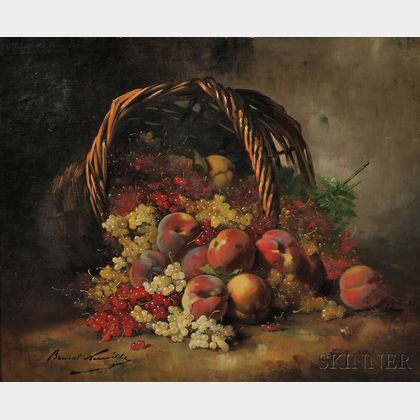 Alfred Arthur Brunel de Neuville (French, 1852-1941) Still Life with Currants and Peaches Spilling from a Basket