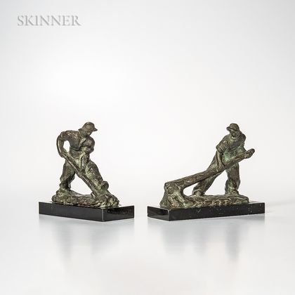 Alexandre Kelety (Hungarian, 1874-1940) Two Bronzes of Laborers, Possibly Bookends