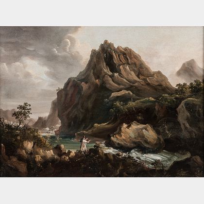 British School, 19th Century Mountain Landscape with Lovers by a Rushing River